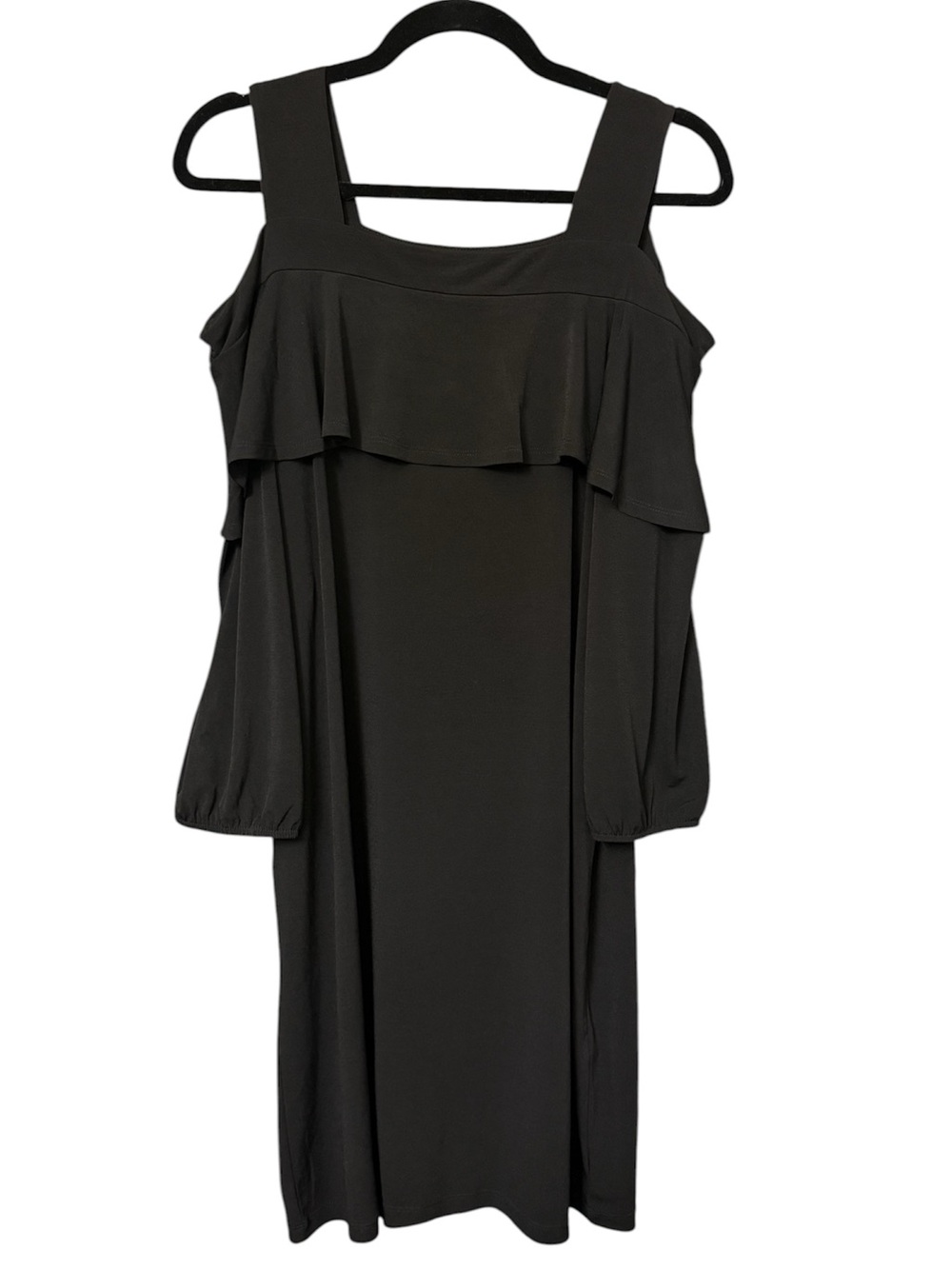 Chico's Size 2 Women’s Black Cold-Shoulder Dress 3/4 Sleeve, Ruffle, Square Neck
